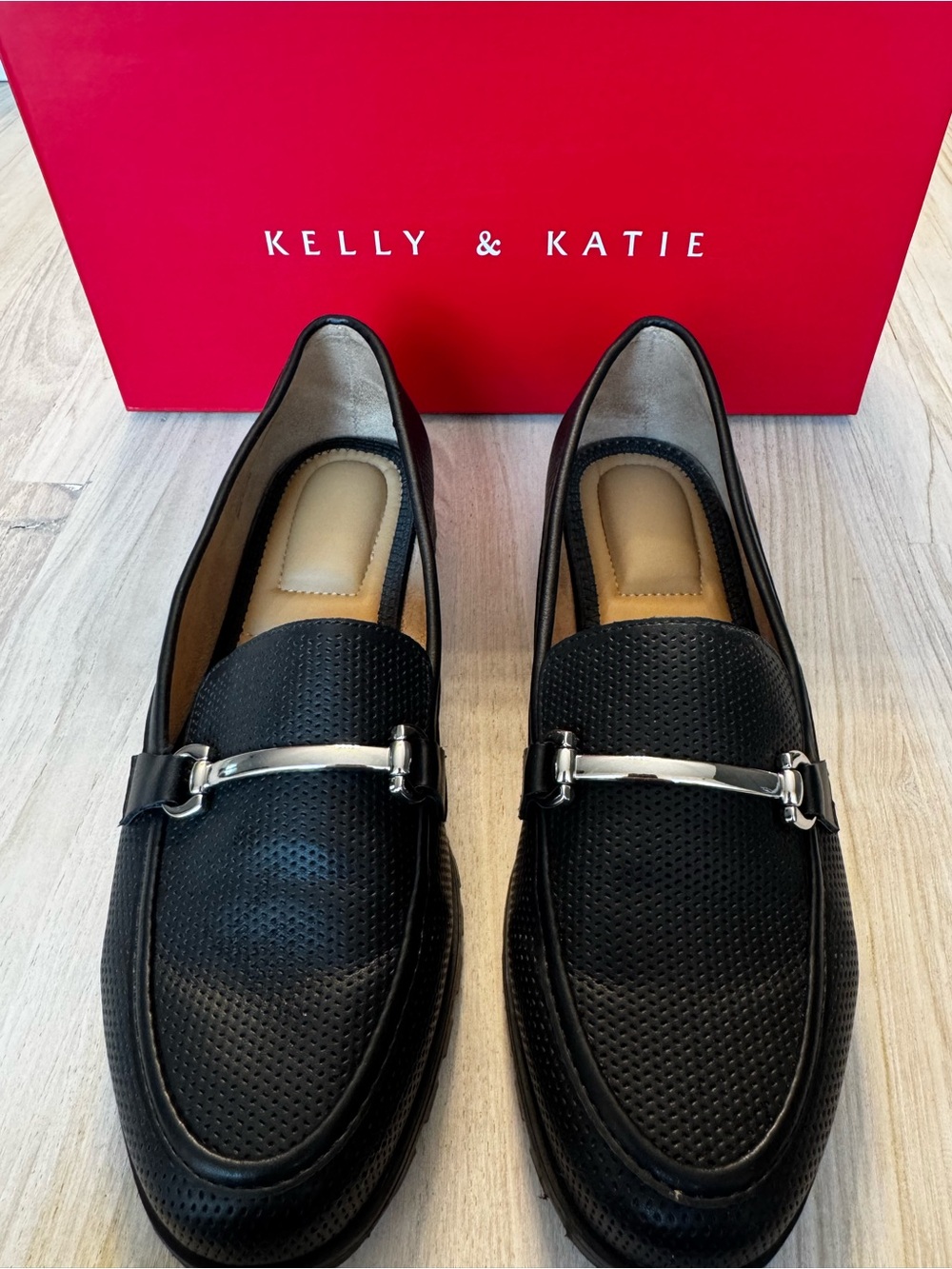 Kelly & Katie Black Perforated Loafer with Silver Horsebit